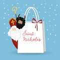 Cute St. Nicholas with devil and falling snow. Christmas invitation, greeting card. Flat kids design. Vector Royalty Free Stock Photo