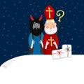 Cute St. Nicholas with devil, gift boxes and falling snow. Christmas invitation, greeting card. Flat kids design. Vector Royalty Free Stock Photo