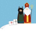 Cute St. Nicholas with devil, gift boxes and falling snow. Christmas invitation, greeting card. Flat kids design. Vector Royalty Free Stock Photo