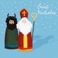 Cute St. Nicholas with devil, text and falling snow. Christmas invitation, greeting card. Flat kids design. Winter Royalty Free Stock Photo