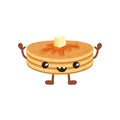 Cute stack of pancakes with smiling face, funny fast food cartoon character vector Illustration on a white background Royalty Free Stock Photo