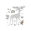 Cute stag character and doodle plants elements Royalty Free Stock Photo