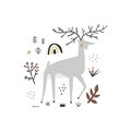 Cute stag character and doodle plants elements isolated on white background Royalty Free Stock Photo