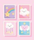 Cute stamps, cartoon clouds stars rainbow heart lovely icons