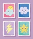 Cute stamps, clouds star sun ray cartoon icons