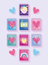 Cute stamps, little boy face dog camera love hearts rainbow cartoon icons