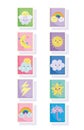 Cute stamps, moon sun clouds rainbow stars rain umbrella icons set