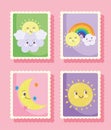 Cute stamps, weather sun rainbow clouds moon icons