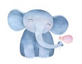 Cute standing baby elephant character blowing soap bubbles.