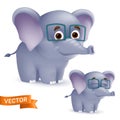 Cute standing and smiling cartoon baby elephant character in glasses. Vector illustration of an african wildlife mascot newborn Royalty Free Stock Photo