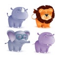 Cute standing and squinting cartoon baby characters set - rhino, lion, elephant, hippo. Vector illustration of an African wildlife Royalty Free Stock Photo