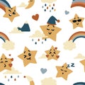 Cute star pattern. Seamless print with kawaii sky characters emoticon expressions for kids illustration. Rainy clouds