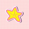 Cute starfish yellow and pink colors sticker isolated on textured background. Single girly element. Vector sign illustration