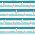 Cute starfishes on blue stripes background seamless pattern illustration