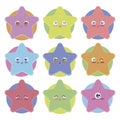 Cute stars with kavai eyes on a background of multicolored bright isolated vector objects stickers on a white background.