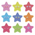 Cute stars with eyes kawaiy multicolored bright isolated vector objects stickers on white background.