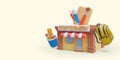 Cute stationery store. Back to school. 3D building with pencils, rulers, pens, notebooks