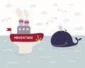 Cute steamboat and whale illustration