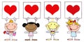 Cute Stick Cupids Holding Red Heart Signs