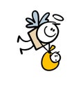 Cute stick figure angel with wings and hola flying in the sky and carring package with newbornbaby.