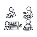 Cute stick figure chef baker set lineart icon. Dinner preparation pictogram. Communication of pastry baking illustration