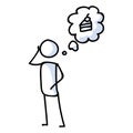 Cute stick figure craving sweet cake on diet lineart icon. Crave food while dieting. Stick men thinking about food treat