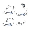 Cute stick figure standing on diving board set vector clipart.Courageous athlete dive board. Hand drawn pictogram of