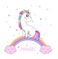 Cute sticker with beautiful unicorn with gold horn on rainbow on white background