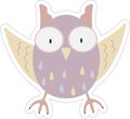 Cute sticker of cartoon crazy scared girl owl with colorful feathers. Vector pastel illustration for baby print Royalty Free Stock Photo