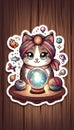 A cute sticker of cat psychic with floating objects, Ai generated image Royalty Free Stock Photo