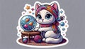 A cute sticker of cat psychic with floating objects, Ai generated image Royalty Free Stock Photo