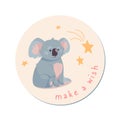 .Cute sticker with a koala. Funny bear in cartoon style, stars are falling around. The inscription Make a wish. Vector