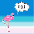 Cute sticker pink flamingo on the blurred beach background. EPS