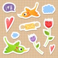 Cute sticker set with birds, hearts and flowers