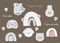 Cute stickers of animal and rainbow portraits. Scandinavian style stickers - a hare and a sheep, a horse and a cat, a Royalty Free Stock Photo