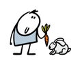 Cute stickman boy hands a carrot to a fluffy rabbit. Vector illustration of cartoon kindfarmer feeding an animal hare.