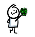 Cute stickman boy with the smile and heap of cash money dollars.