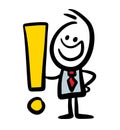 Cute stickman buisnessman in costume and red tie with exclamation point.