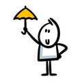 Cute stickman character holds umbrella to protect from the rain.