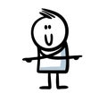 Cute stickman character he wants to confuse us and points his fingers in a different direction with pleasent smile on