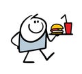 Cute stickman waiter carries a drink and a hamburger on a tray. Vector illustration of a satisfied customer in a fast