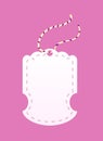 Cute stitched price tag with colorful tabby rope on pink background. Vector Illustration.