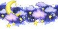 A cute stitched yellow moon with hanging stars, dots, clouds. Watercolor illustration, hand drawn. Seamless border on a
