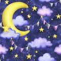 A cute stitched yellow moon with hanging stars, garland flags, dots, clouds. Watercolor illustration, hand drawn