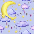 A cute stitched yellow moon with hanging stars, garland flags, dots, clouds. Watercolor illustration, hand drawn