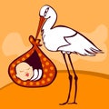 Cute stork arriving with baby