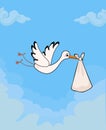 Cute stork delivering baby bundle on sky background