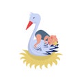 Cute stork sleeping with little baby in nest. White bird and newborn child. Flat vector element for greeting card or Royalty Free Stock Photo