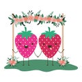 Cute strawberries in couple in the garden kawaii characters