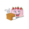 Cute strawberry cake cartoon character having a box Royalty Free Stock Photo